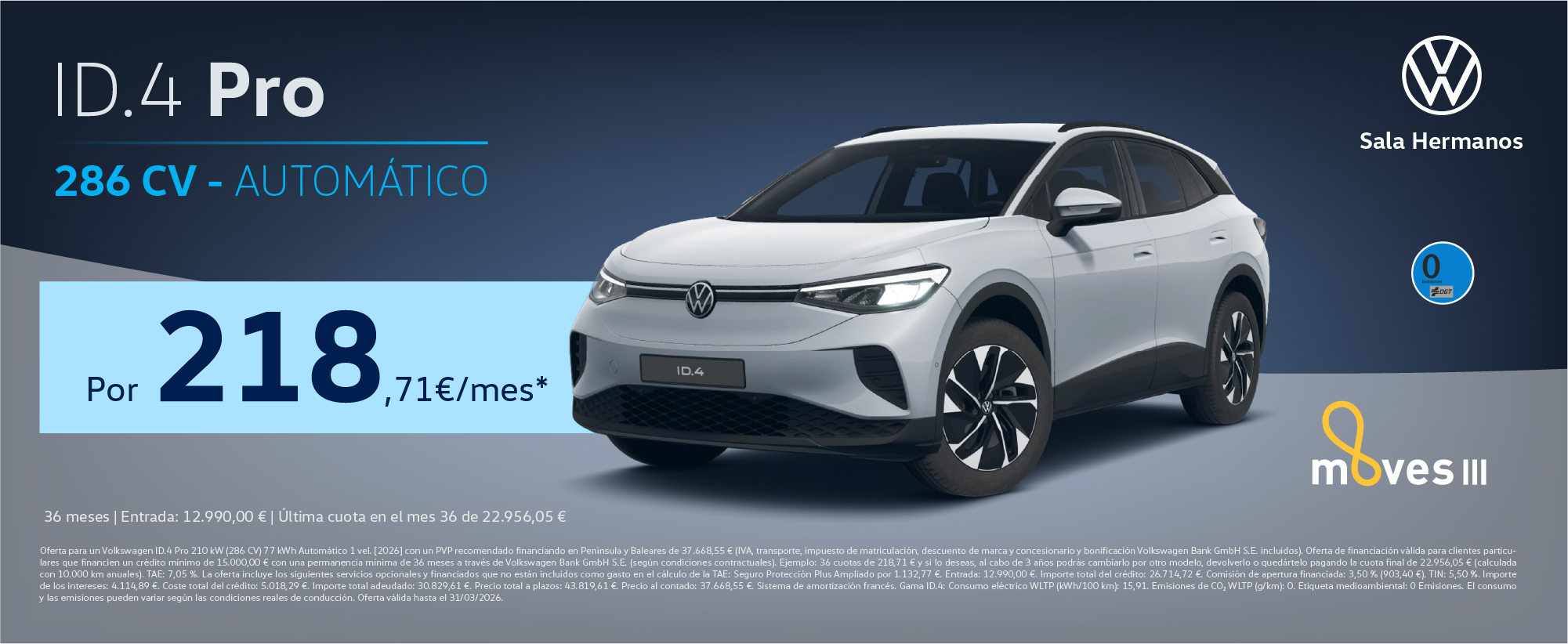 ¡No te lo pierdas! ID.4 Pro 286CV por 218,71€/mes*